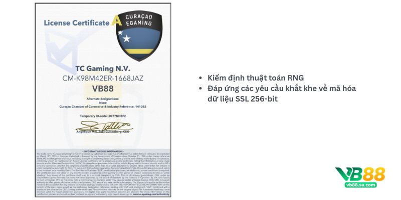 Chứng nhận Curacao eGaming của VB88