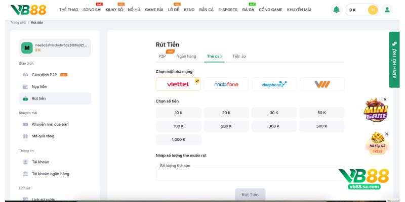 Rút tiền VB88 qua thẻ cào điện thoại