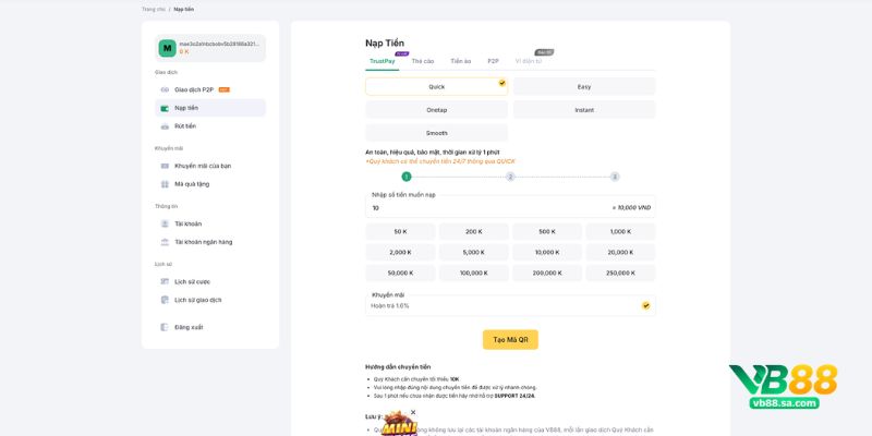 Hướng dẫn nạp tiền VB88 qua Trustpay